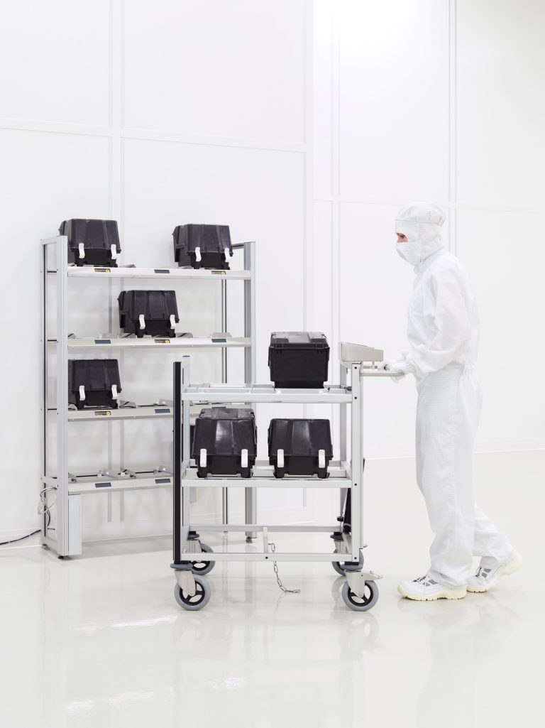 Person guided cleanroom transport vehicle; Automated RFID rack to store Wafer Carriers